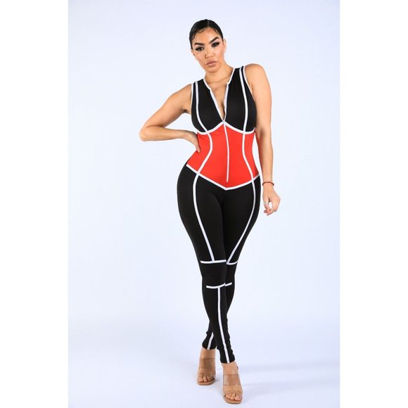 Boutique Pants - Women's Casual Front Zip Contrast Piping Color Blocked Sleeveless Sexy Jumpsuit